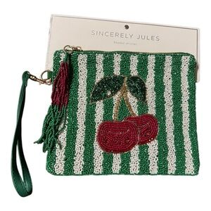 Sincerely Jules Beaded Cherry Wristlet Green & White Striped Zip Clutch